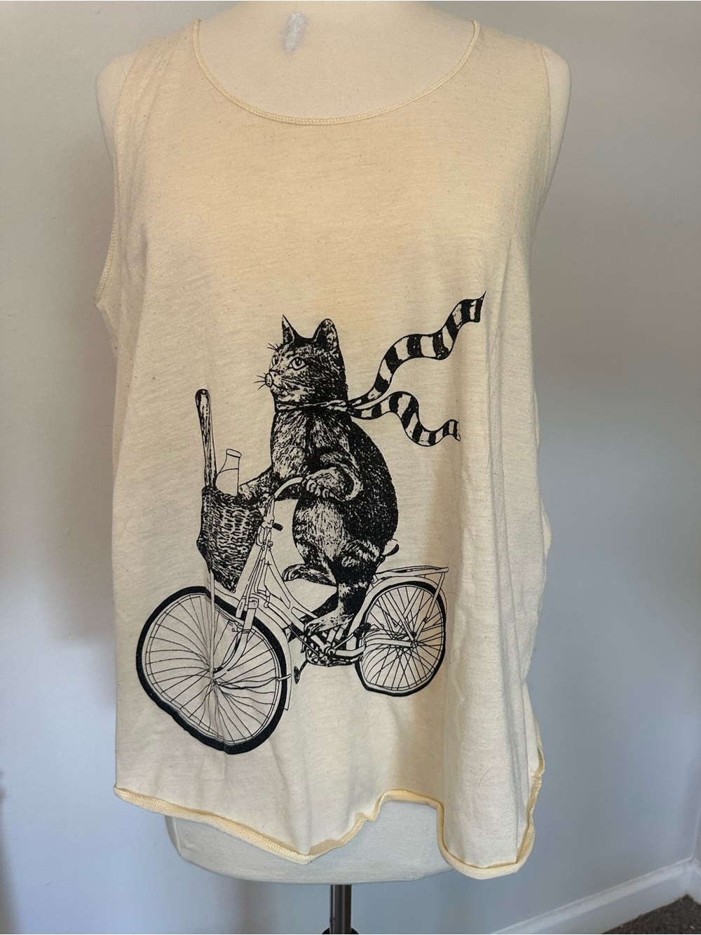 Cat on Bicycle Graphic Tank Top - Cream